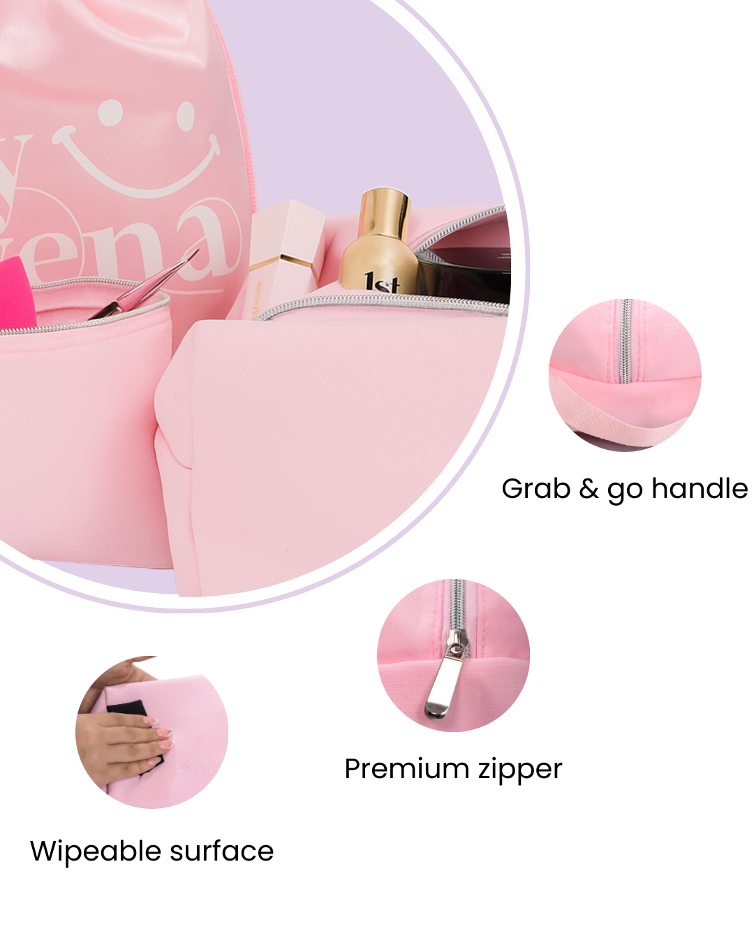 Neceser acolchado rosa 3 en 1 para maquillaje