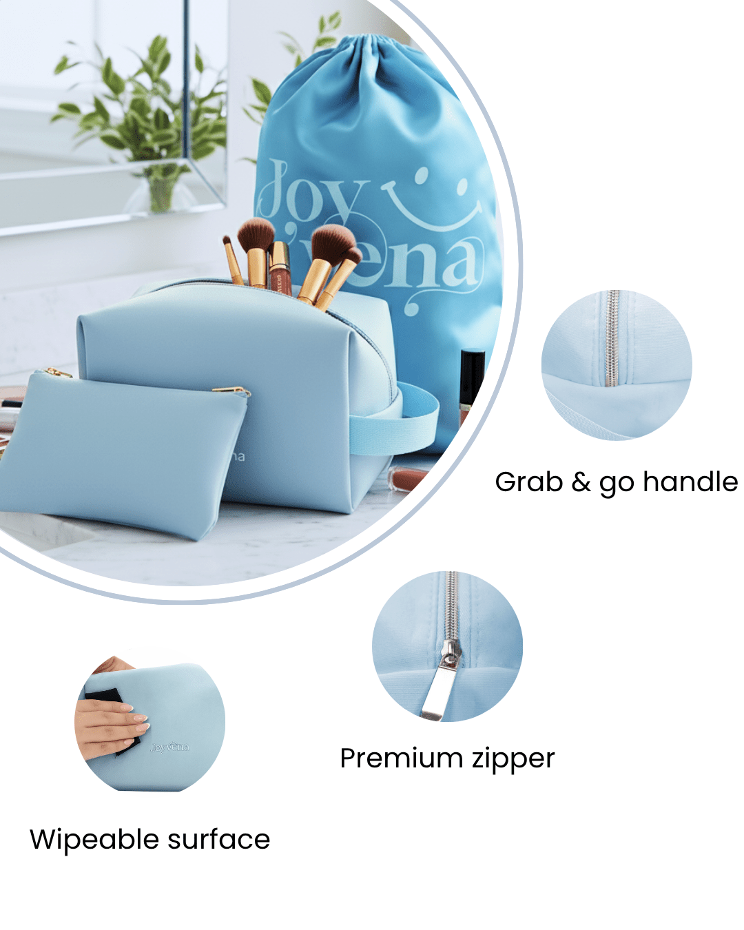 Baby Blue 3 - in - 1 Quilted Makeup Bag Beauty Set - Joyvena