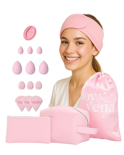 Travel Makeup Bag Set – Quilted Cosmetic Organizer (17-Piece) | Joyvena